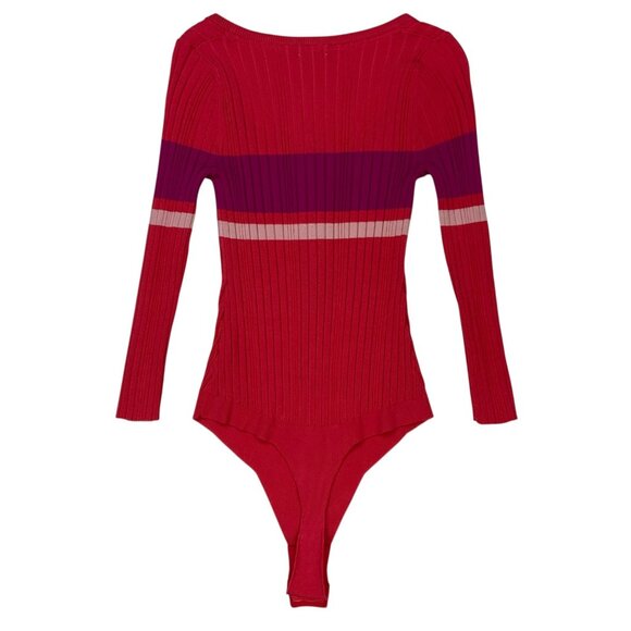 Free People Intimately Cocoa Bodysuit S Red Combo Striped Ribbed Knit Henley - Picture 13 of 14